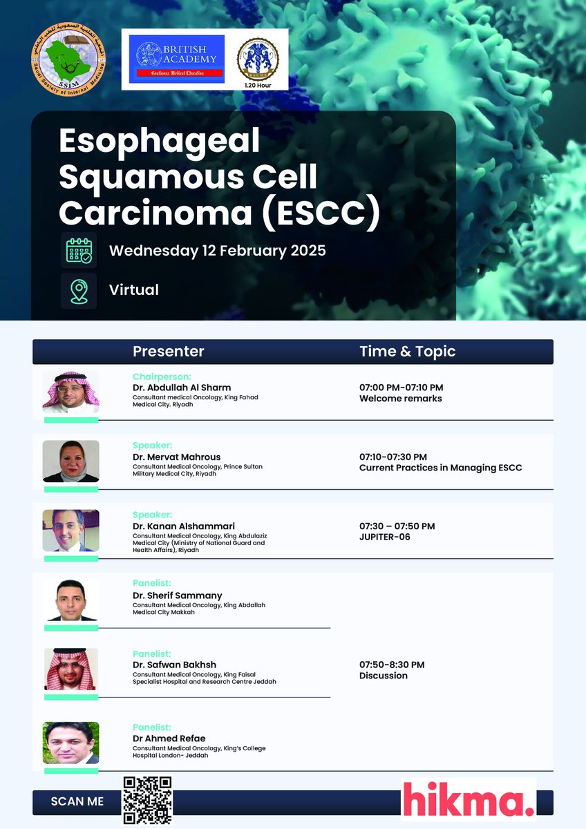 SSIM.KAU (@ssim_kau) on Twitter photo Esophageal Squamous Cell Carcinoma (ESCC)
Date: 12 February 2025
Virtual
For free registration
zoom.us/webinar/regist…
<a href="/DoctorsWorld_/">تجمع أطباء العالم</a> <a href="/doctorksa/">DoctorKSA Medical</a> <a href="/studentdoctor/">Student Doctor Network</a> <a href="/Faculty_Med_KAU/">كلية الطب</a> <a href="/KAUHospital/">الـمـسـتـشـفــى الـجـامـعــي</a> <a href="/IMC_kauh/">Internal Medicine Club</a> <a href="/KAU_Events/">أخبار وفعاليات | KAU</a> <a href="/letstalkmed/">Let's Talk Medicine</a> <a href="/Jed_StudentClub/">نادي الطلاب - جـدة</a> <a href="/googlestudents/">Google Students</a> <a href="/studentdoctor/">Student Doctor Network</a> Esophageal Squamous Cell Carcinoma (ESCC)
Date: 12 February 2025
Virtual
For free registration
zoom.us/webinar/regist…
<a href="/DoctorsWorld_/">تجمع أطباء العالم</a> <a href="/doctorksa/">DoctorKSA Medical</a> <a href="/studentdoctor/">Student Doctor Network</a> <a href="/Faculty_Med_KAU/">كلية الطب</a> <a href="/KAUHospital/">الـمـسـتـشـفــى الـجـامـعــي</a> <a href="/IMC_kauh/">Internal Medicine Club</a> <a href="/KAU_Events/">أخبار وفعاليات | KAU</a> <a href="/letstalkmed/">Let's Talk Medicine</a> <a href="/Jed_StudentClub/">نادي الطلاب - جـدة</a> <a href="/googlestudents/">Google Students</a> <a href="/studentdoctor/">Student Doctor Network</a>