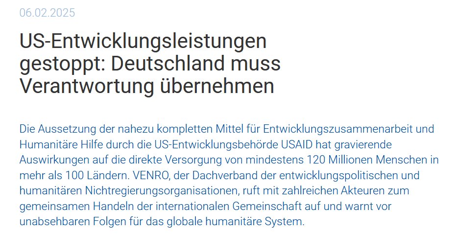 „Hier kommt gerade ein komplettes System zum Erliegen, das Menschen in Krisen- &amp; Katastrophenregionen ihr Überleben sichert.“

#VerantwortungÜbernehmen: Nach dem Mittelstop bei #USAID rufen wir zum gemeinsamen Handeln der internationalen  Gemeinschaft auf: venro.org/presse/detail/…