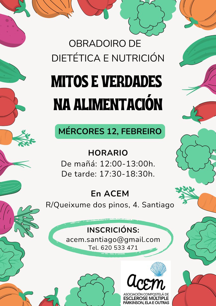 ACEM Santiago (@difusionacem) on Twitter photo Dentro do servizo de DIETÉTICA E NUTRICIÓN temos organizado un obradoiro sobre 𝗠𝗶𝘁𝗼𝘀 𝗲 𝗩𝗲𝗿𝗱𝗮𝗱𝗲𝘀 𝗻𝗮 𝗔𝗹𝗶𝗺𝗲𝗻𝘁𝗮𝗰𝗶ó𝗻:
📅 𝗠é𝗿𝗰𝗼𝗿𝗲𝘀 𝟭𝟮 𝗱𝗲 𝗙𝗲𝗯𝗿𝗲𝗶𝗿𝗼📍en ACEM
🕛 Ás 12h. ou 🕠 ás 17:30h.
📝 𝗜𝗻𝘀𝗰𝗿𝗶𝗰𝗶ó𝗻𝘀: acem.santiago@gmail.com 👇 Dentro do servizo de DIETÉTICA E NUTRICIÓN temos organizado un obradoiro sobre 𝗠𝗶𝘁𝗼𝘀 𝗲 𝗩𝗲𝗿𝗱𝗮𝗱𝗲𝘀 𝗻𝗮 𝗔𝗹𝗶𝗺𝗲𝗻𝘁𝗮𝗰𝗶ó𝗻:
📅 𝗠é𝗿𝗰𝗼𝗿𝗲𝘀 𝟭𝟮 𝗱𝗲 𝗙𝗲𝗯𝗿𝗲𝗶𝗿𝗼📍en ACEM
🕛 Ás 12h. ou 🕠 ás 17:30h.
📝 𝗜𝗻𝘀𝗰𝗿𝗶𝗰𝗶ó𝗻𝘀: acem.santiago@gmail.com 👇