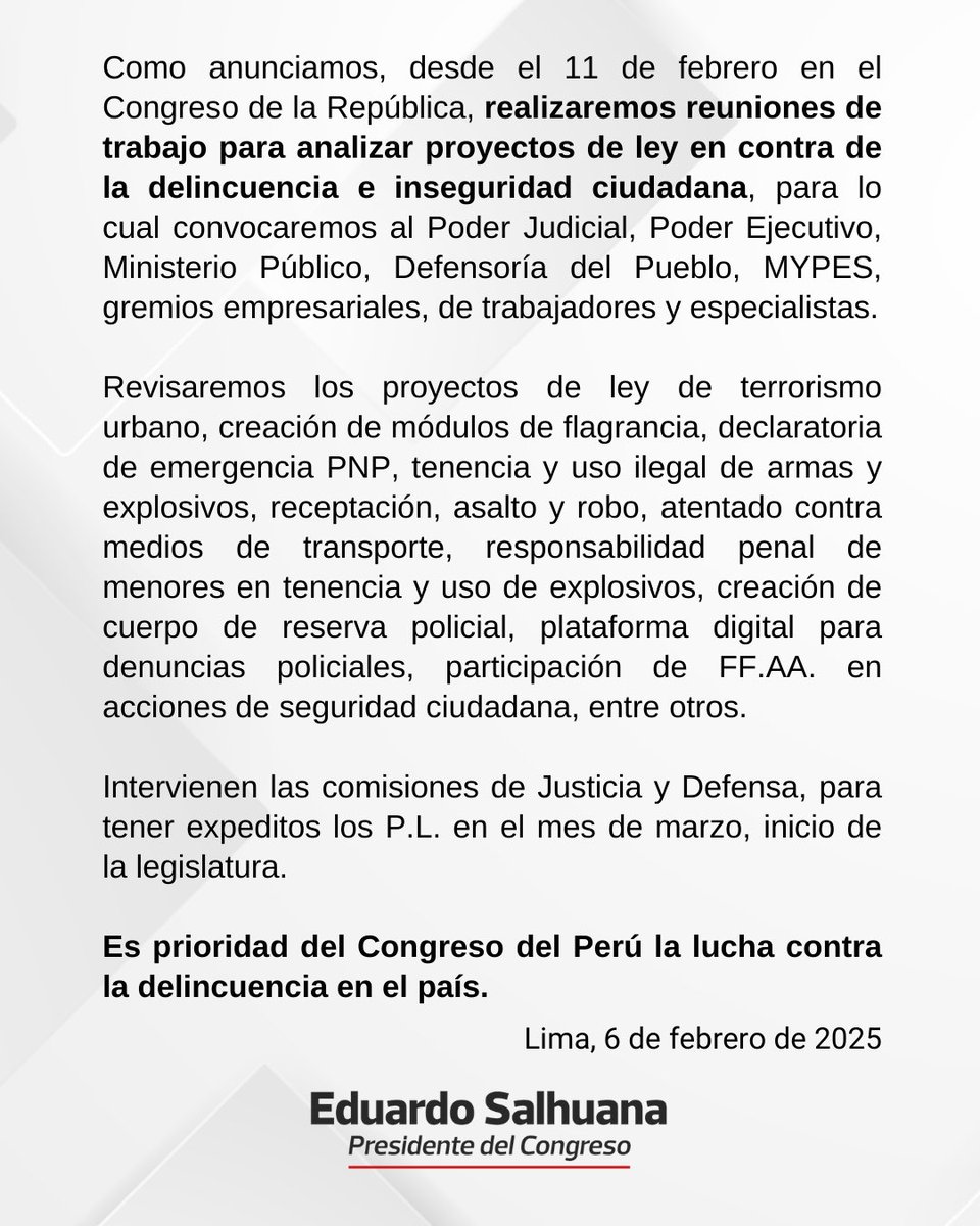 DESDE EL 11 DE FEBRERO INICIAMOS REUNIONES DE TRABAJO PARA ANALIZAR PROYECTOS DE LEY CONTRA LA INSEGURIDAD CIUDADANA.