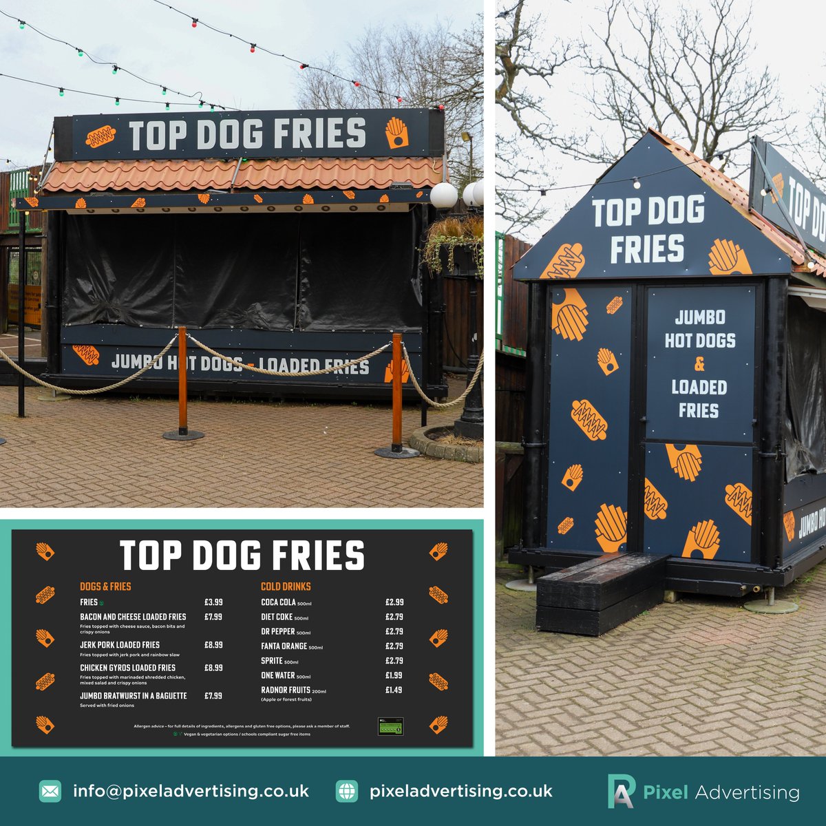 Pixel Advertising (@pixelad2020) on Twitter photo Get your Paws on some delicious hot dogs & loaded fries at <a href="/HertsZoo/">Hertfordshire Zoo</a>
We've been working with the Zoo on their new food outlet, Top Dog Fries! We designed and artworked the signage and menu giving a fresh look.
#graphicdesign #branding #signage #menu #pixeladvertising Get your Paws on some delicious hot dogs & loaded fries at <a href="/HertsZoo/">Hertfordshire Zoo</a>
We've been working with the Zoo on their new food outlet, Top Dog Fries! We designed and artworked the signage and menu giving a fresh look.
#graphicdesign #branding #signage #menu #pixeladvertising