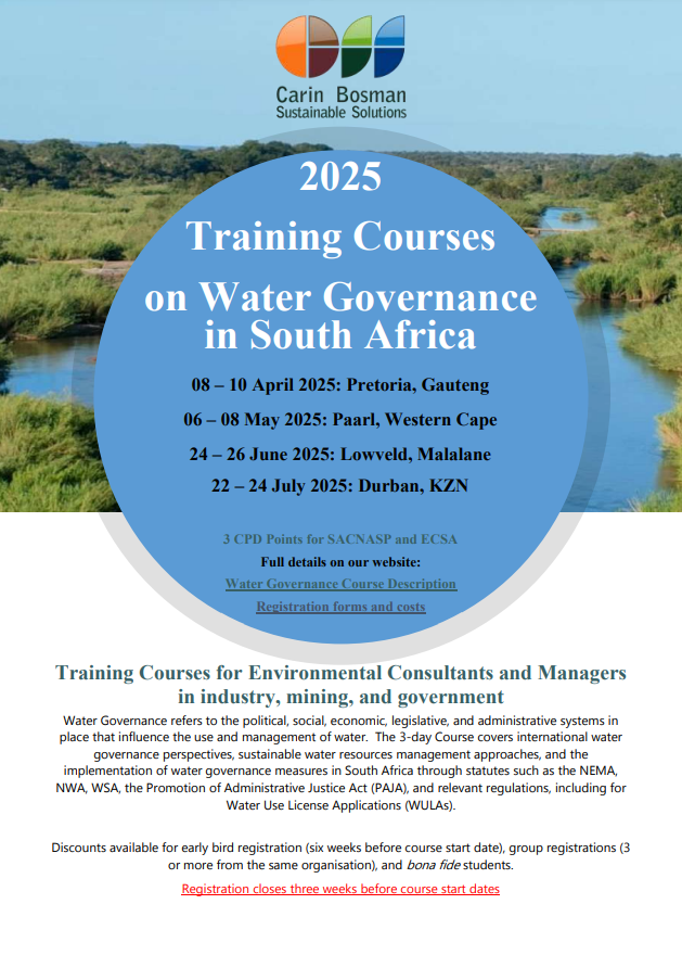 Elevate Your Water Governance Expertise!

Join our 3-day training &amp; earn 3 CPD Points (SACNASP &amp; ECSA). Dive into sustainable water management &amp; key regulations like NEMA, NWA, WSA, PAJA, &amp; WULAs.

Limited spots available! Register now 👉 cbss.co.za/training-calen…

<a href="/watershare/">Carin Bosman, Antifascist 🏳️‍🌈🏳️‍⚧️🇺🇦🇯🇴🇿🇦</a>