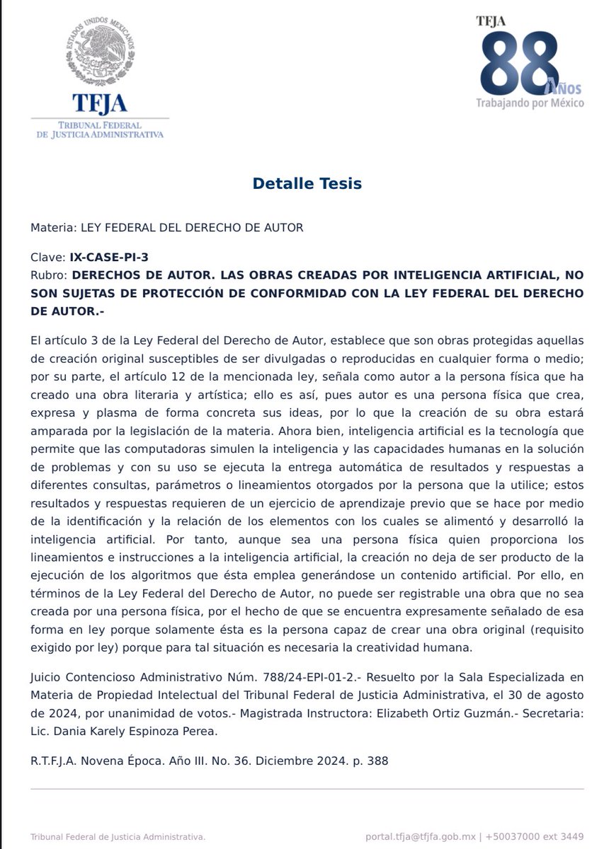🔹 Las obras creadas por inteligencia artificial no tienen protección de derechos de autor en México ⚖️🤖

La Sala Especializada en Materia de Propiedad Intelectual del TFJA resolvió que las creaciones generadas por inteligencia artificial no pueden ser registradas como obras
