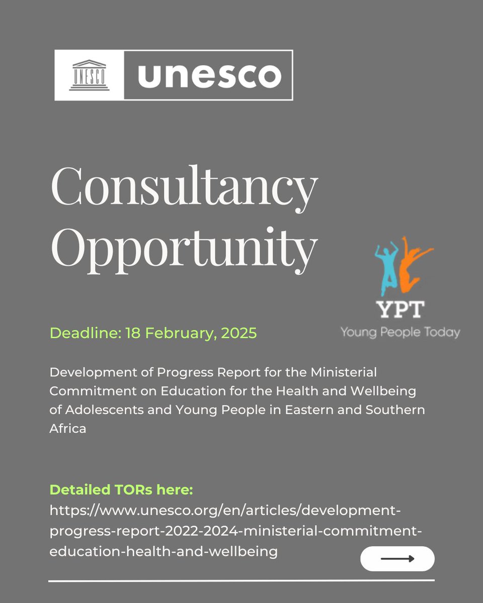 Consultancy Opportunity!

Deadline: 18 Feb 2025

We are seeking the services of an experienced report writer conversant with adolescent &amp; young people’s #SRH, education, or youth programming, &amp; the East and Southern Africa region.

See detailed TORs here: unesco.org/en/articles/de…