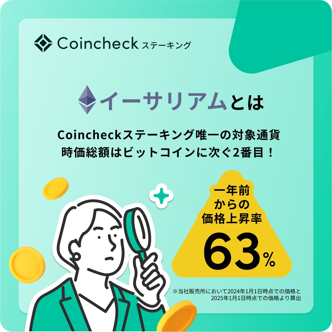 📝簡単解説📝 イーサリアム（ETH）とは？👀 ＼ イーサリアムは、ビットコインに次ぐ時価総額2番目の通貨✨  価格は1年前（2024年1月1日）に比べて＋63%🚀 イーサリアムの価格が上がれば、Coincheckステーキングのリターンもさらに魅力的になります！  詳細はこちら💁‍♀️