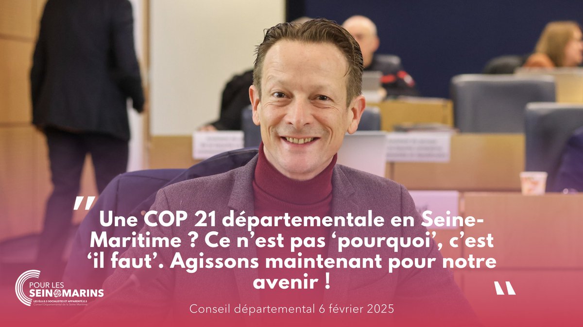 <a href="/Chris_Bouillon/">Christophe Bouillon</a> <a href="/76socialiste/">Seine-Maritime socialiste</a> 🟢 Une COP 21 départementale en Seine-Maritime ? Ce n’est pas “pourquoi”, c’est “il faut” !

Face aux défis climatiques, notre département doit agir : rassembler les acteurs, structurer l’action et accélérer la transition. 

On attend quoi ? 🌍 #TransitionÉcologique