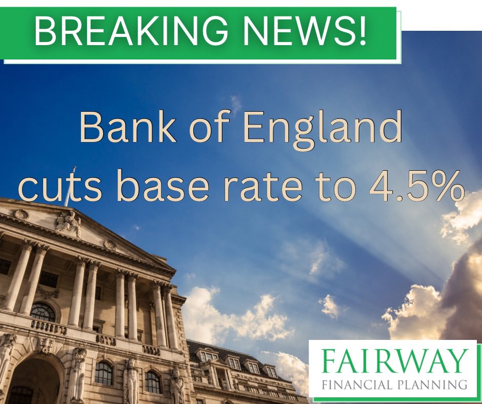 🚨BREAKING NEWS🚨

The Bank of England have cut base rate by 0.25% to 4.5%

The Bank's Monetary Policy Committee voted 7-2 in favour of the cut - those two members wanted a bigger cut, to 4.25%