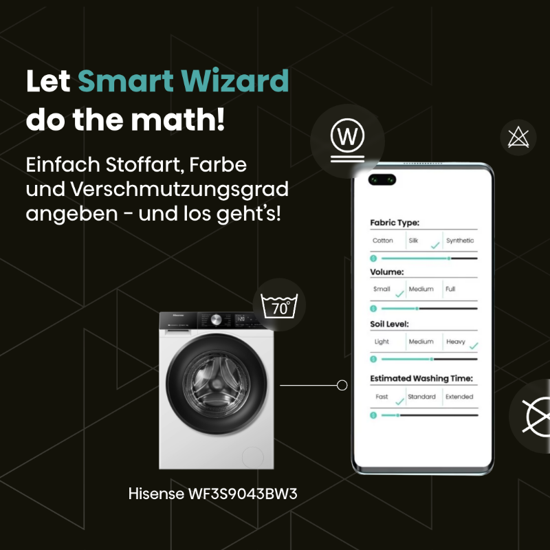 Die Smart Wizard Funktion in unserer #ConnectLife App wählt das perfekte Programm für deine #Wäsche. Die #Hisense WF3S9043BW3 Waschmaschine spart dir mit smarter #Technologie Zeit und Energie. Zieh dein eigenes Programm durch – sie übernimmt den Rest. 💪✨ #qualität #premium
