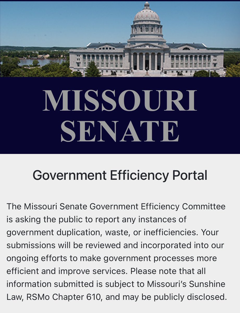 The MO DOGE Portal is LIVE! If you’ve got an example of government waste that you would like the Committee to review, submit it here: tinyurl.com/ysvhyp2e

Submissions will be used to help streamline govt and improve services for Missourians! #moleg #mosen #MODOGE
