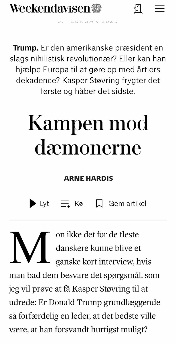 KasperStoevring's tweet photo. Jeg har givet et længere interview til @weekendavisen 

Det konservative ”vibe shift” kan få europæerne til at sørge for deres egne grænser og sikkerhed. Sker det ikke, venter dæmonerne for alvor.

https://t.co/QkbZHUW1J8 https://t.co/VfU3ARpPhc
