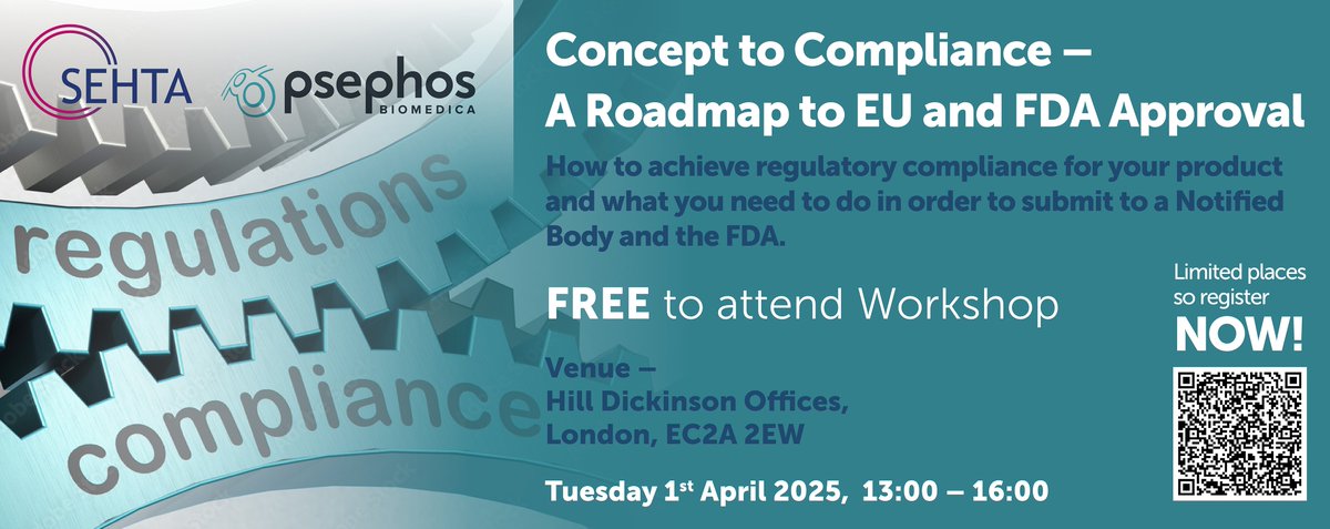 Join us for our next 1/2 day workshop with
<a href="/SEHTA_UK/">SEHTA UK</a> on ‘Concept to Compliance – A Roadmap to EU &amp; FDA Approval’ to show you how to achieve #regulatory #compliance for your #medicaldevice
👉 1st April 2025, London - FREE TO ATTEND bit.ly/4flUEJU
#medtech #healthtech