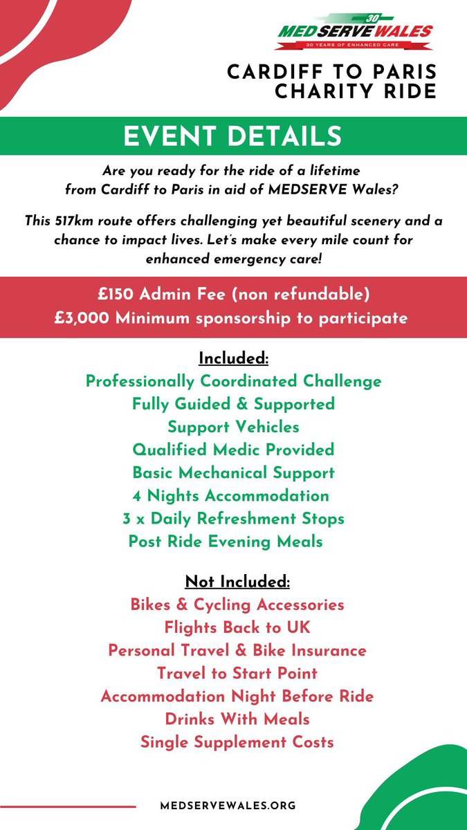 MEDSERVE Wales (@medservewales) on Twitter photo Cardiff to Paris in aid of <a href="/MEDSERVEWales/">MEDSERVE Wales</a>?
This 517km route offers challenging yet beautiful scenery and a chance to impact lives. Let’s make every mile count for enhanced emergency care!
#volunteermedics #enhancedcare #charity #fundraising #cyclechallenge2025 Cardiff to Paris in aid of <a href="/MEDSERVEWales/">MEDSERVE Wales</a>?
This 517km route offers challenging yet beautiful scenery and a chance to impact lives. Let’s make every mile count for enhanced emergency care!
#volunteermedics #enhancedcare #charity #fundraising #cyclechallenge2025