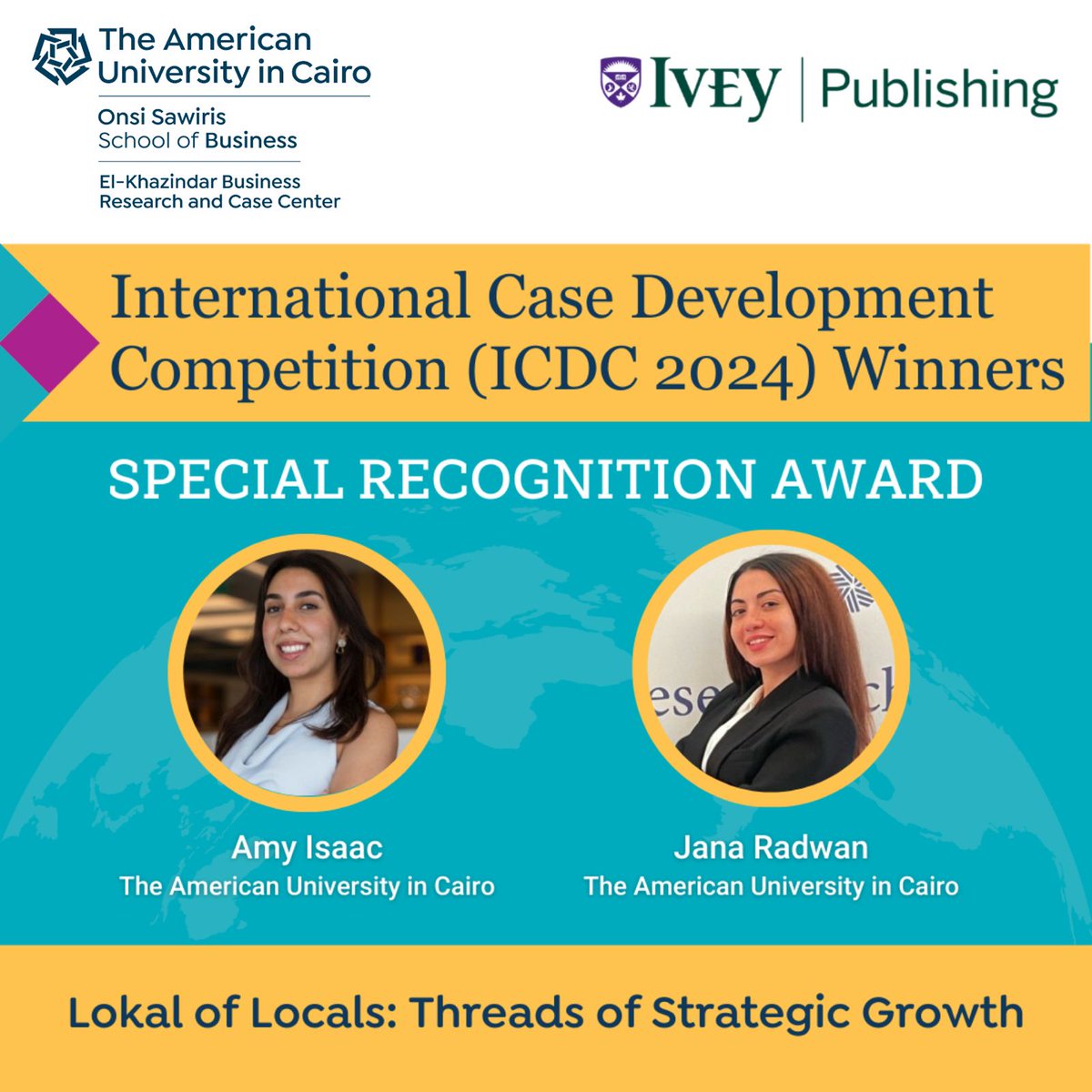 *Celebrating Excellence on #WorldCaseTeachingDay! *

We are thrilled to announce the winners of the International Case Development Competition (ICDC) 2024, organized by El-Khazindar Business Research and Case Center (KCC) at AUC Onsi Sawiris School of Business.