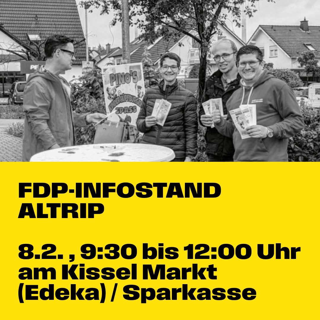 DerMueller_FDP's tweet image. Kommt vorbei und lasst uns Argumente vor Ort in #Altrip austauschen. Mit Bundestagsdirektkandidat @EricvNagel (ca. 09:30 Uhr bis 10:30 Uhr) und Landratskandidat Ralf #Marohn (ca. 10:00 Uhr bis 10:30 Uhr).

#Bundestagswahl2025 #Landratswahl2025 #DemokratieLeben #RheinPfalzKreis