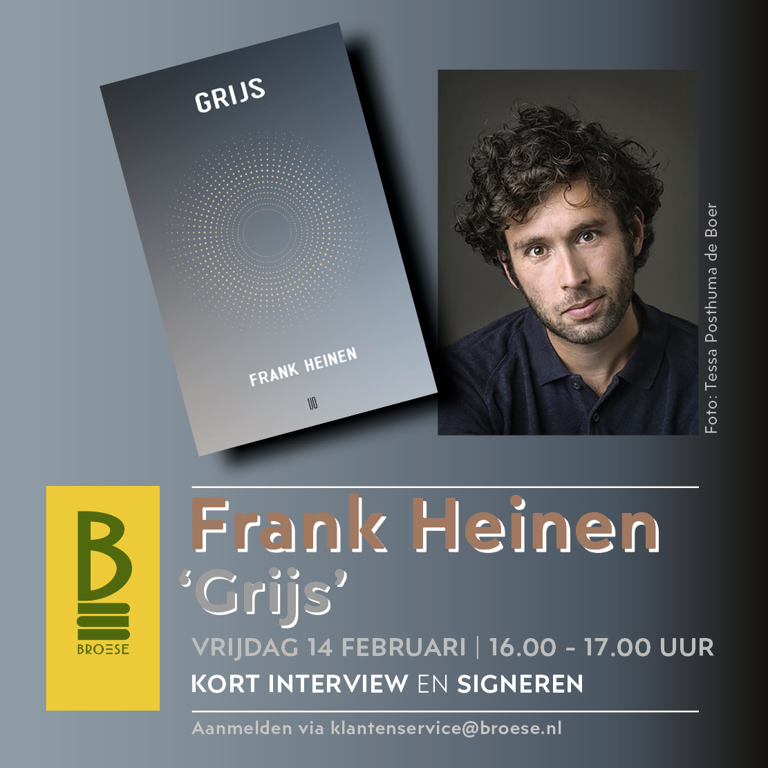 Vrijdag 14 maart zal auteur, sportjournalist en podcastmaker Frank Heinen kort geïnterviewd worden naar aanleiding van zijn boek ‘Grijs’. Heinen is ook de winnaar van het jubileumseizoen van de De slimste mens. Meld u aan!
broese.nl/agenda/kort-in…