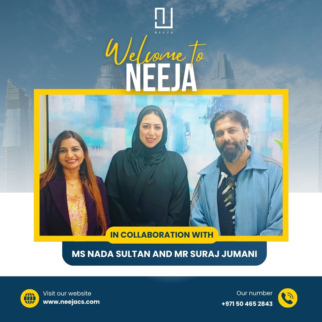 NeejaServices's tweet image. A warm welcome to Mr. Suraj Jumani and Ms. Nada Sultan! Excited to collaborate with them on this incredible journey. Stay tuned for more updates! 

📩 Email: incorp@neejacs.com
📱 Call/WhatsApp: +971504652843
🌐 Visit: neejacs.com 

#CollaborationGoals #Neeja #Dubai