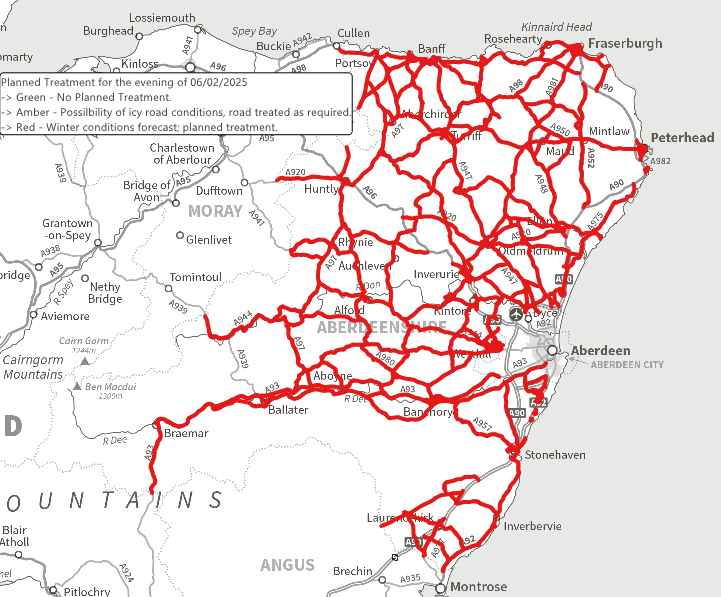 AbshireRoads's tweet photo. @AbshireRoads Thurs.6 Feb'25. All 32 priority routes to be treated later today by our gritting crews in advance of another chilly night with extensive ❄️hoar frost and icy conditions❄️and temperatures again forecast to fall below -5 degrees C. @Aberdeenshire https://t.co/n9EGaiqIcT