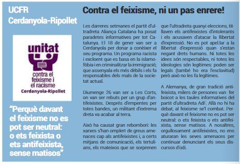Davant les últimes declaracions d'alguns líders de partits de la dreta tradicional apel.lant al dialeg amb l'ultradreta, nosaltres ho tenim clar: davant el feixisme no es pot ser neutral, o ets feixista o ets antifeixista, sense matisos