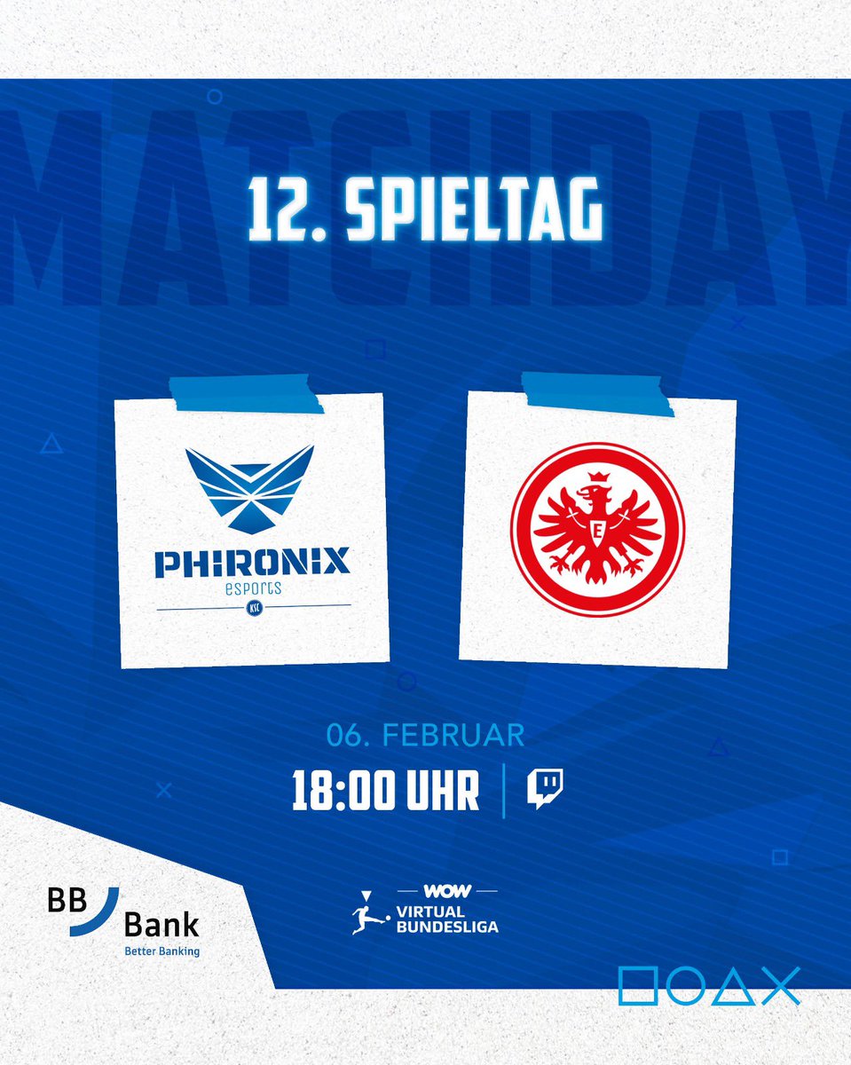 SPIELTAG 1️⃣2️⃣ <a href="/vbl_official/">VBL | WOW VIRTUAL BUNDESLIGA</a> 
🆚 <a href="/Eintracht/">Eintracht Frankfurt</a> 🕖 18 Uhr!

Der 12. Spieltag steht vor der Tür. Es geht um wichtige Punkte für die Top 8! Das Spiel könnt ihr in der Konferenz auf dem VBL Kanal anschauen!

🎥 twitch.tv/vbl_official

#PHIRONIX #KSCmeineHeimat #VBLCC #VBL #Spieltag12