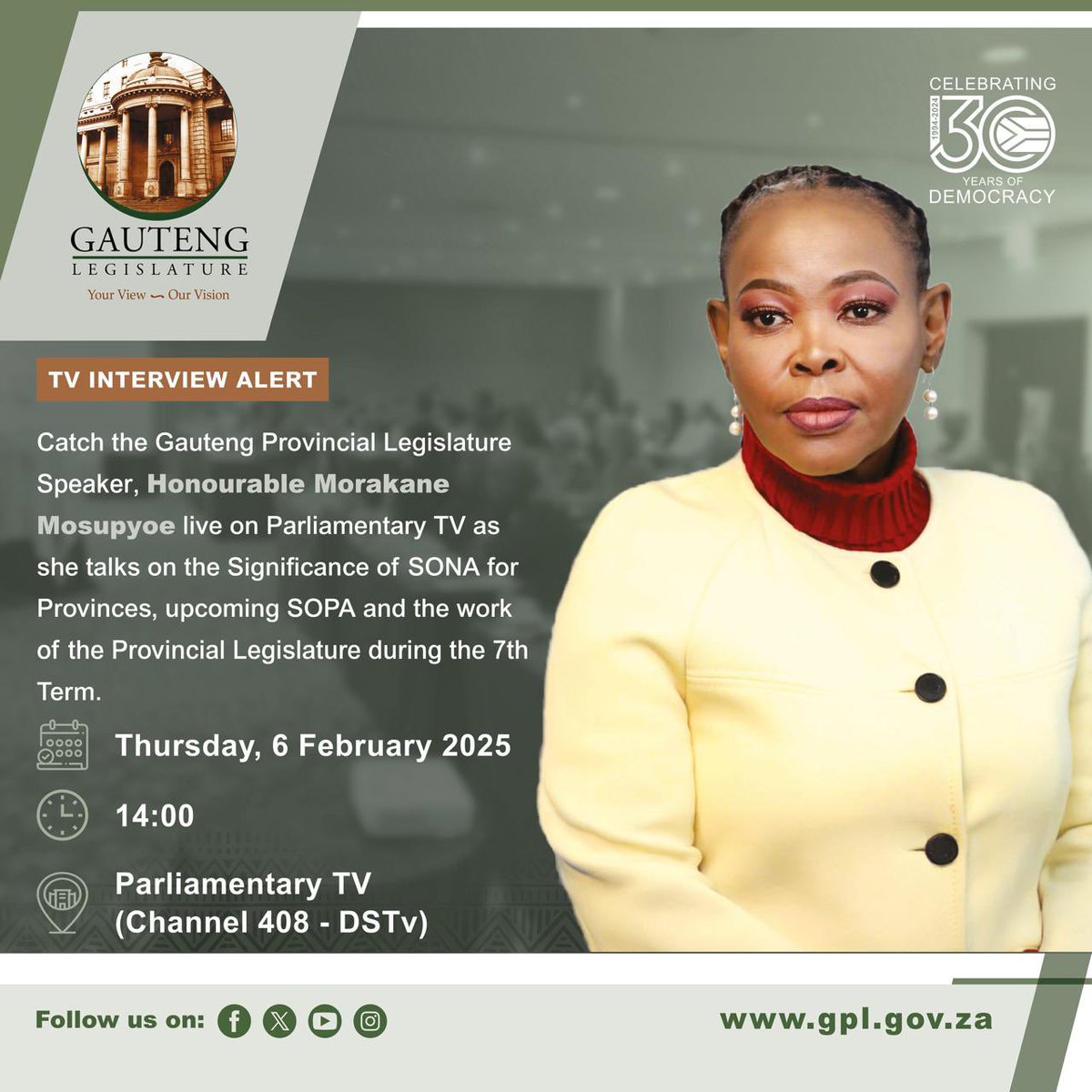 We are live on Parliamentary TV (Channel 408 - DStv) as we unpacks the Significance of SONA for Provinces, the upcoming SOPA, and the 7th Term of the Legislature.

#GautengLegislature #SONA2025
 #SOPA2025 #30YearsOfDemocracy #PublicEngagement