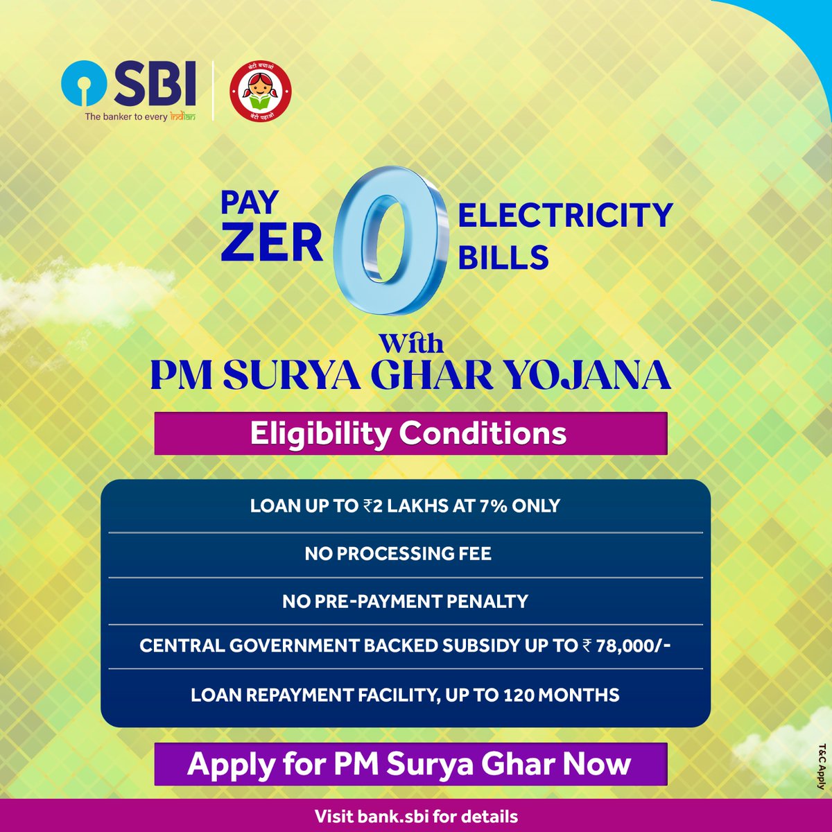 The future is solar and it’s shining bright on your rooftop!

PM Surya Ghar Yojana makes it easier than ever to go solar with low-interest loans, no processing fees and attractive subsidies.

Start saving today with PM Surya Ghar Yojana*.

Visit : bank.sbi/web/personal-b… for more