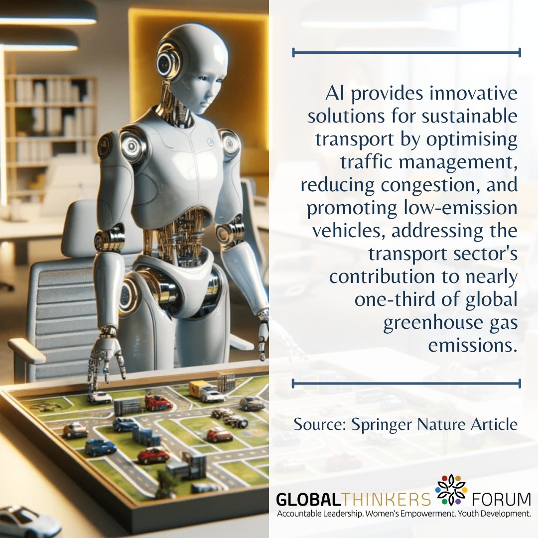 GlobalThinkersF's tweet image. Driving towards a greener future — AI is steering the transport sector into sustainable solutions! #GTF #SmartTransport #AIForSustainability #TrafficInnovation