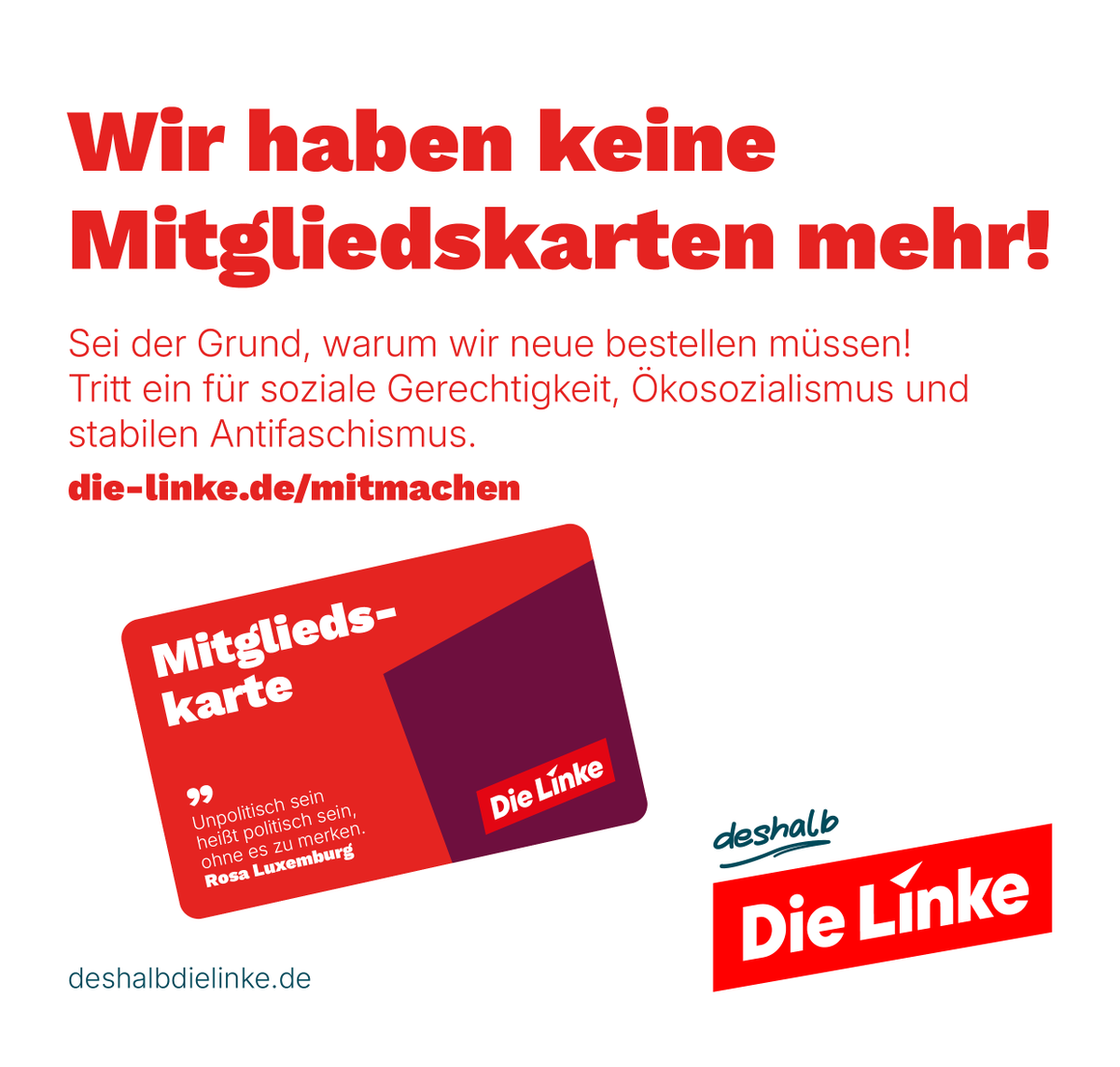 DeshalbDieLinke's tweet photo. 75.000 Mitglieder! Und @dieLinke hat keine Mitgliedsausweise mehr. 

Sei der Grund, weshalb wir neue bestellen müssen. Tritt ein für soziale Gerechtigkeit, Ökosozialismus und stabilen Antifaschismus.

#DeshalbDieLinke https://t.co/7I4jCuOHR0