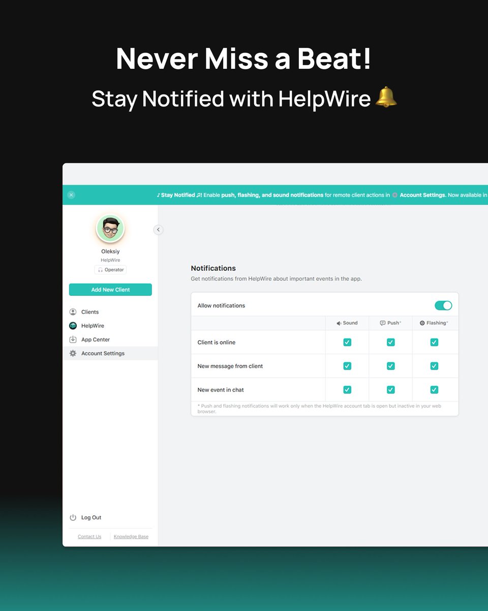 help_wire's tweet image. Stay Updated Instantly! 🔔 Enable push, flashing, and sound notifications for remote client actions in ⚙️ Account Settings. 
Now live on the HelpWire Web Portal! ⤵️
helpwire.app/account/

#HelpWire #RemoteSupport #RemoteAccess