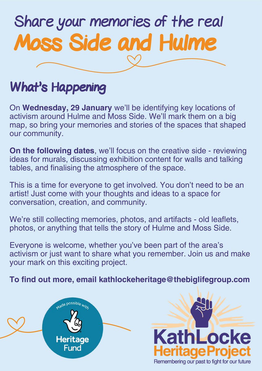Supporting the Kath Locke heritage project, celebrating activism in Hulme &amp; Moss Side and honouring Kath Locke’s legacy in Black history education. 
Join the evening workshops to share memories—everyone welcome! See flyer for details.