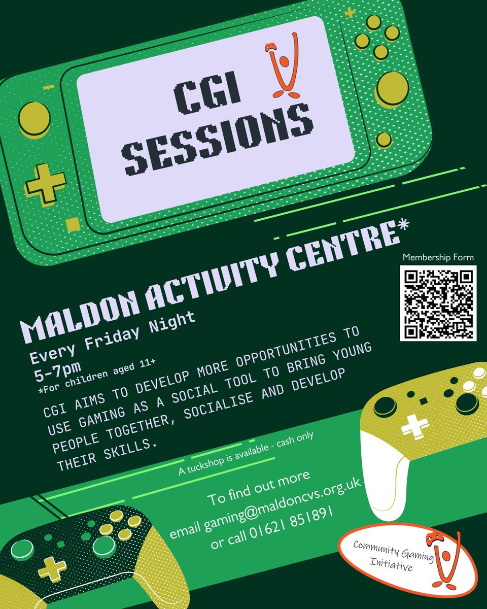 Maldon District CVS (@maldoncvs) on Twitter photo 𝗧𝗵𝗲 𝗖𝗚𝗜 𝗶𝘀 𝗼𝗻 𝗧𝗢𝗡𝗜𝗚𝗛𝗧. Join us at the Maldon Activity Centre from 5-7pm for a free, fun-filled gaming session for children aged 11-18. Membership form to be completed before you come bit.ly/CGIMembershipF…
Email: gaming@maldoncvs.org.uk or call 01621 851891. 𝗧𝗵𝗲 𝗖𝗚𝗜 𝗶𝘀 𝗼𝗻 𝗧𝗢𝗡𝗜𝗚𝗛𝗧. Join us at the Maldon Activity Centre from 5-7pm for a free, fun-filled gaming session for children aged 11-18. Membership form to be completed before you come bit.ly/CGIMembershipF…
Email: gaming@maldoncvs.org.uk or call 01621 851891.