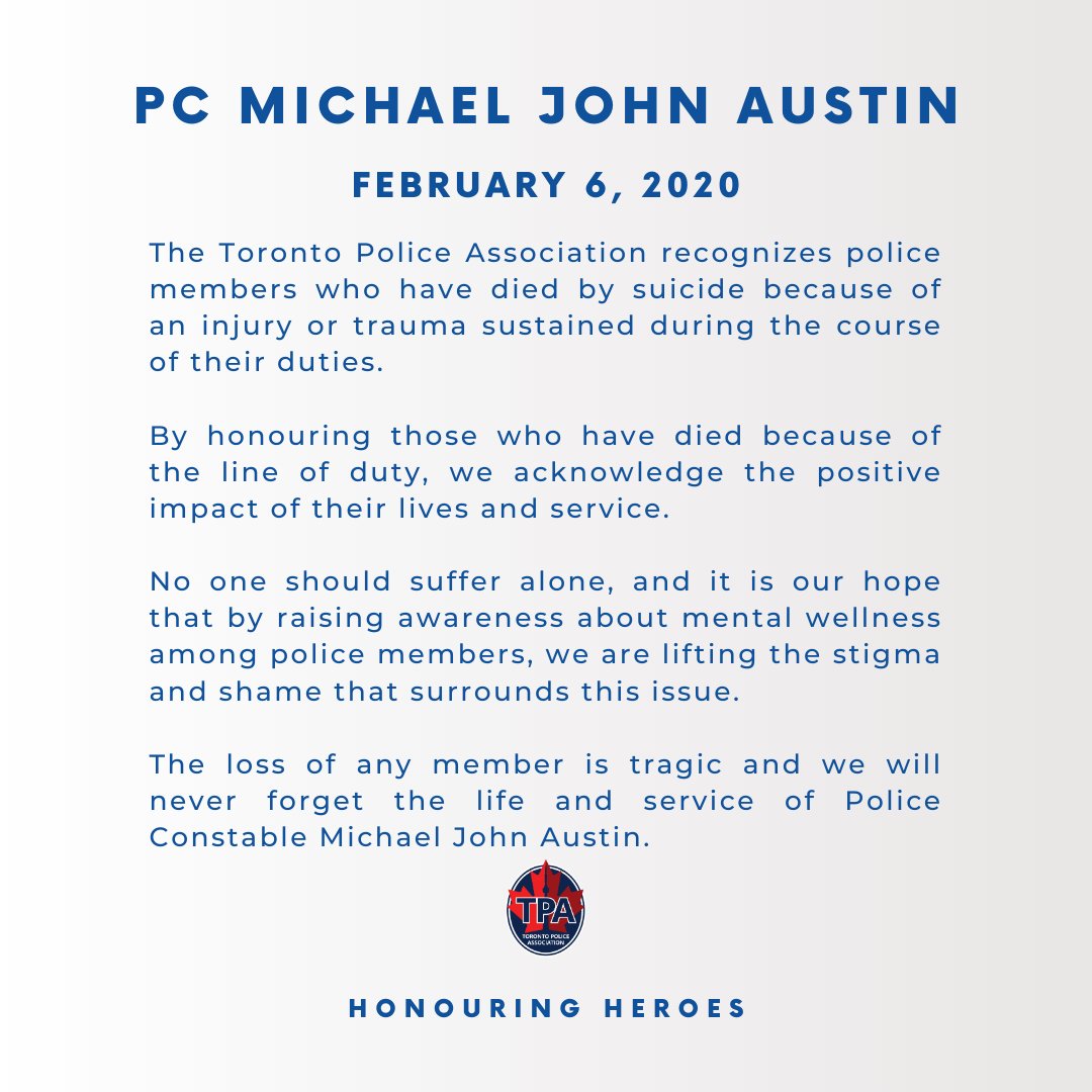 Toronto Police Association (@tpaca) on Twitter photo The loss of any member is tragic and we will never forget the life and service of Police Constable Michael John Austin. #NeverForget #HonouringHeroes #BecauseOfTheLineOfDuty <a href="/TorontoBTB/">Toronto Beyond the Blue</a> <a href="/CanadaBTB/">Canada Beyond The Blue</a> The loss of any member is tragic and we will never forget the life and service of Police Constable Michael John Austin. #NeverForget #HonouringHeroes #BecauseOfTheLineOfDuty <a href="/TorontoBTB/">Toronto Beyond the Blue</a> <a href="/CanadaBTB/">Canada Beyond The Blue</a>