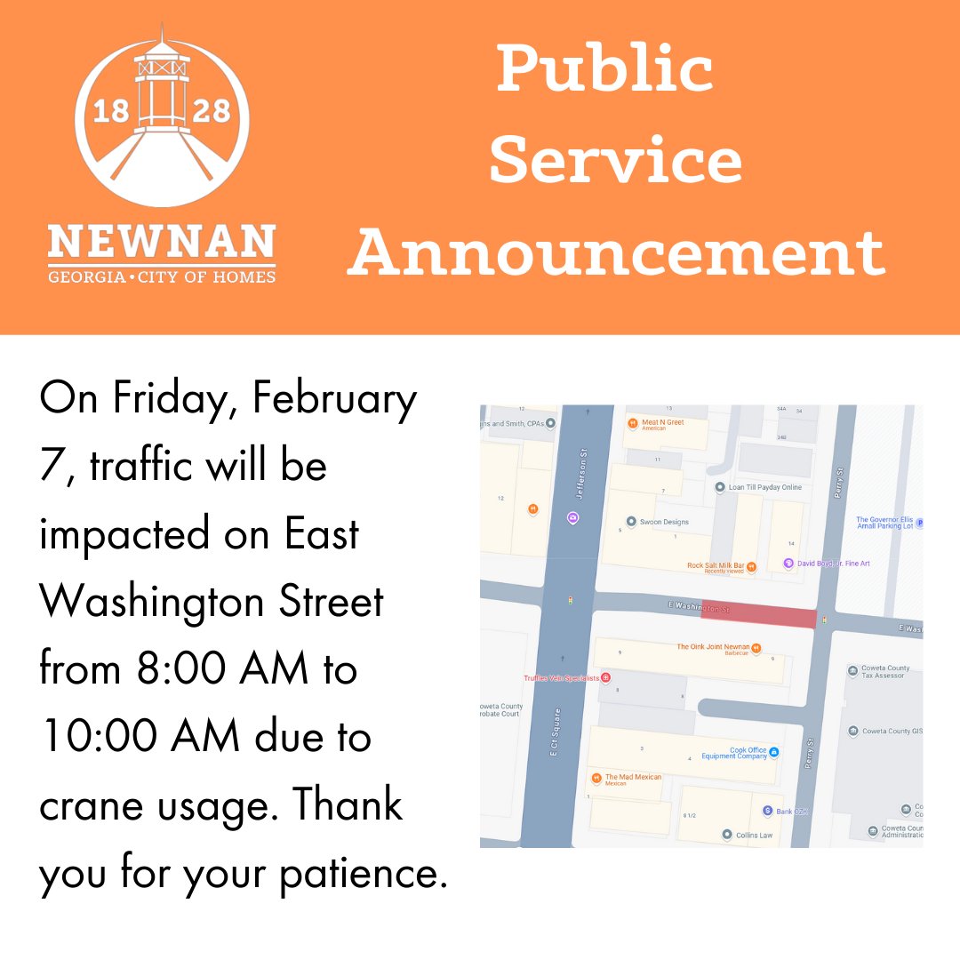 PSA:
On Friday, February 7, traffic will be impacted on East Washington Street from 8:00 AM to 10:00 AM due to crane usage. Thank you for your patience.