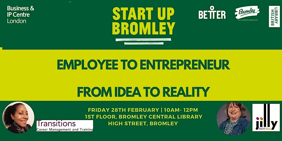 Jilly_Pepper's tweet photo. Considering the transition from Employee to Entrepreneur? Join career coach Denise Meade-Hill & myself for our talk on how to succeed from Idea to Reality hosted by Start Up Bromley on 28th Feb. Book your FREE ticket here https://t.co/m20LKaVrGC #startup #branding #Bromley #BIPC https://t.co/U98V97yyeB