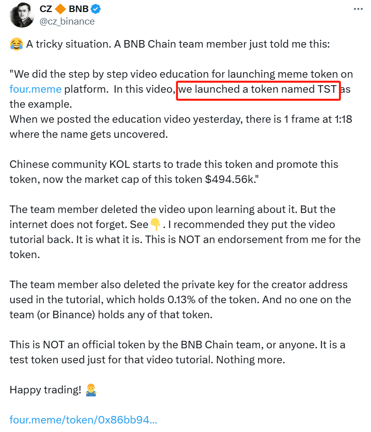memewizd's tweet photo. $TST
0x86bb94ddd16efc8bc58e6b056e8df71d9e666429
25m now
https://t.co/8OZKy4Ipd9

$TST
2CiUmA38JfeydqsuhCn5SP73AkoZKMafwmPgcTAUpump
600k now
https://t.co/Hfz45S8gOX

dyor - CZ @cz_binance emphasized that this is not an official token, but just a test token. 

The related video has been deleted, and the private key has been removed to ensure no one holds the token. 

But who cares? Degens only saw CZ calling it out! 🤣
