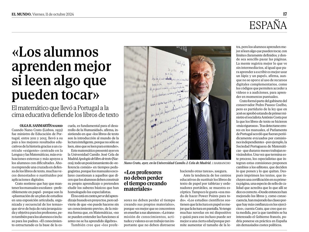 Los alumnos aprenden mejor si leen algo que pueden tocar. Los especialistas que no enseñan pierden el contacto con los alumnos y acaban haciendo cambios que no sirven. La noticia de hace unos meses anele.org/la-ventana-de-… elmundo.es/espana/2024/10…