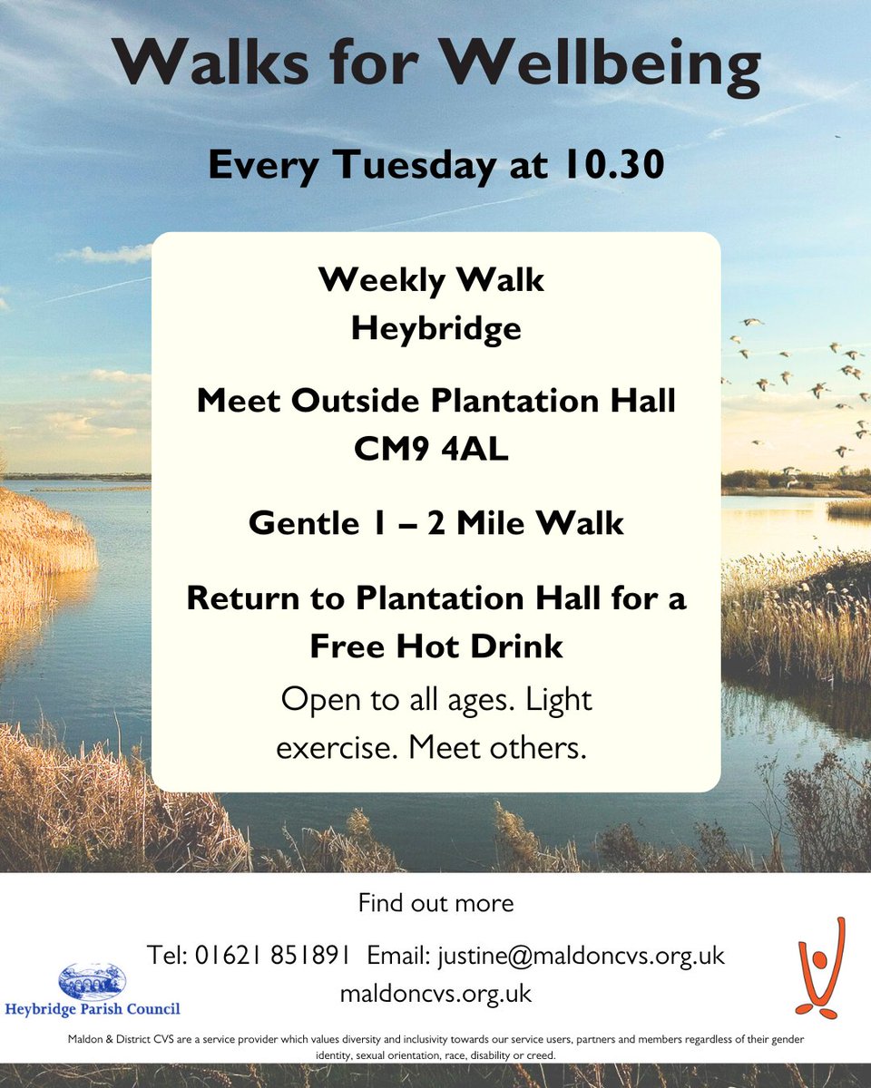 Maldon District CVS (@maldoncvs) on Twitter photo Join us on our weekly walk in Heybridge tomorrow meeting outside Plantation Hall at 10.30am. Please be aware that there are no rest stops on the route and some ground may be a little uneven. These walks are open to all ages. #Heybridge #WeeklyWalk #FindYourActive <a href="/ActiveEssex/">ActiveEssex</a> Join us on our weekly walk in Heybridge tomorrow meeting outside Plantation Hall at 10.30am. Please be aware that there are no rest stops on the route and some ground may be a little uneven. These walks are open to all ages. #Heybridge #WeeklyWalk #FindYourActive <a href="/ActiveEssex/">ActiveEssex</a>