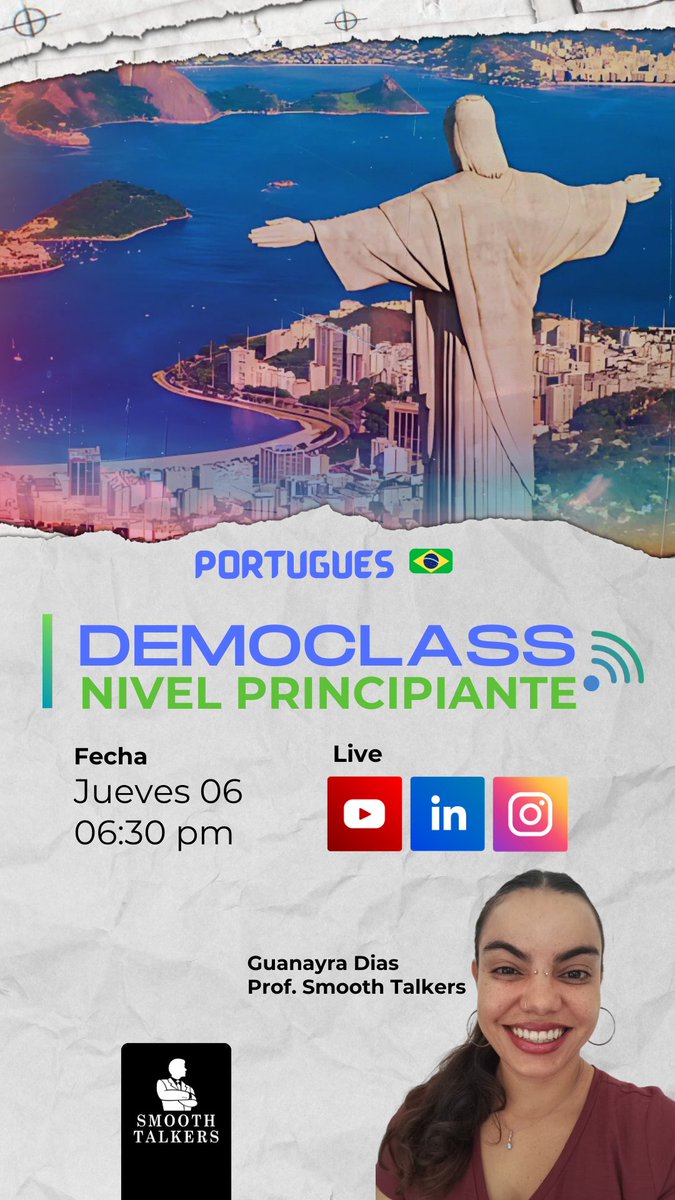 Smoothtalkers's tweet image. 🇧🇷✨ ¡Aprende Portugués desde Cero!
Únete a nuestra DemoClass GRATUITA de nivel principiante y descubre lo fácil y divertido que es.
📅 Fecha: Jueves 06
⏰ Hora: 06:30 pm
En vivo por: YouTube 🔴 LinkedIn 🔵 Instagram
#PortuguésParaPrincipiantes #DemoClass #AprenderPortugués