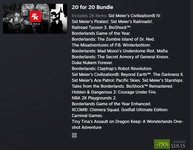 20 for 20 (2K Games) bundle is $19.15 on Steam. Includes 26 items buff.ly/3Etvtrg