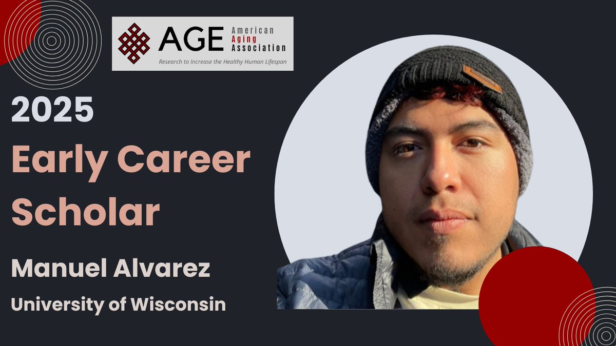 Congratulations to Manuel Alvarez, AGE 2025 Early Career Scholar Award 🌟 These exceptional individuals are shaping the future, let's celebrate their hard work  and dedication to advancing aging research! 👏👏
Learn More&gt; americanagingassociation.org/age-2025-early…
#geroscience #AGE2025 #aging