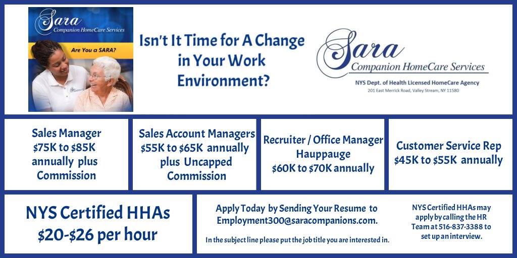 Looking for a great family atmosphere and an exciting new job?

No need to look further.

Check out the many wonderful positions opened at our growing NYS licensed home health agency on our website's career page.

saracompanions.com/home-care-care…
