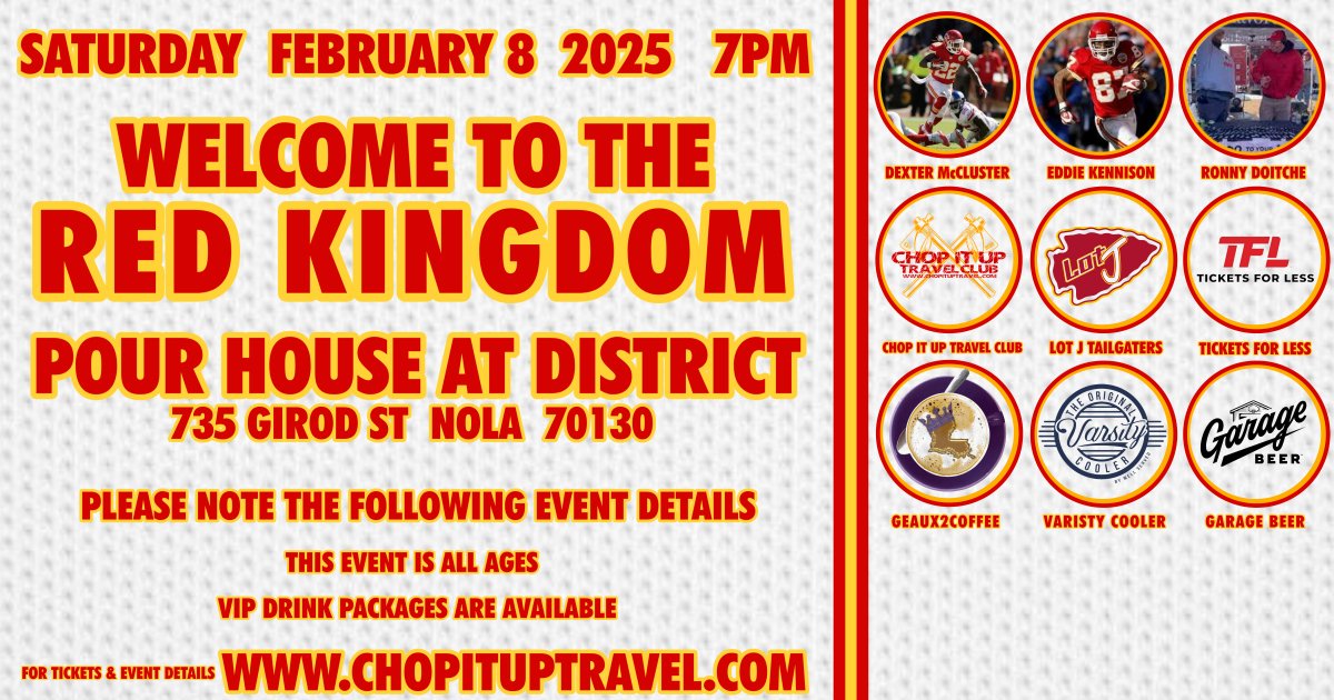 Who's ready for a #ChiefsKingdom Party with <a href="/ChopItUpTravel/">Chop It Up Travel Club</a> and <a href="/ekennisoniii/">Eddie Kennison III</a> <a href="/dextermccluster/">Dexter McCluster</a>!

<a href="/RonnyDoitche/">Ronny Doitche</a> &amp; <a href="/drinkgaragebeer/">Garage Beer</a> will be in the house!

Thank you to our event partners <a href="/ChiefsLotJ/">nathan morrow</a> <a href="/TicketsForLess/">Tickets For Less</a> Varsity Cooler &amp; Geaux2Coffee

#SBLIX