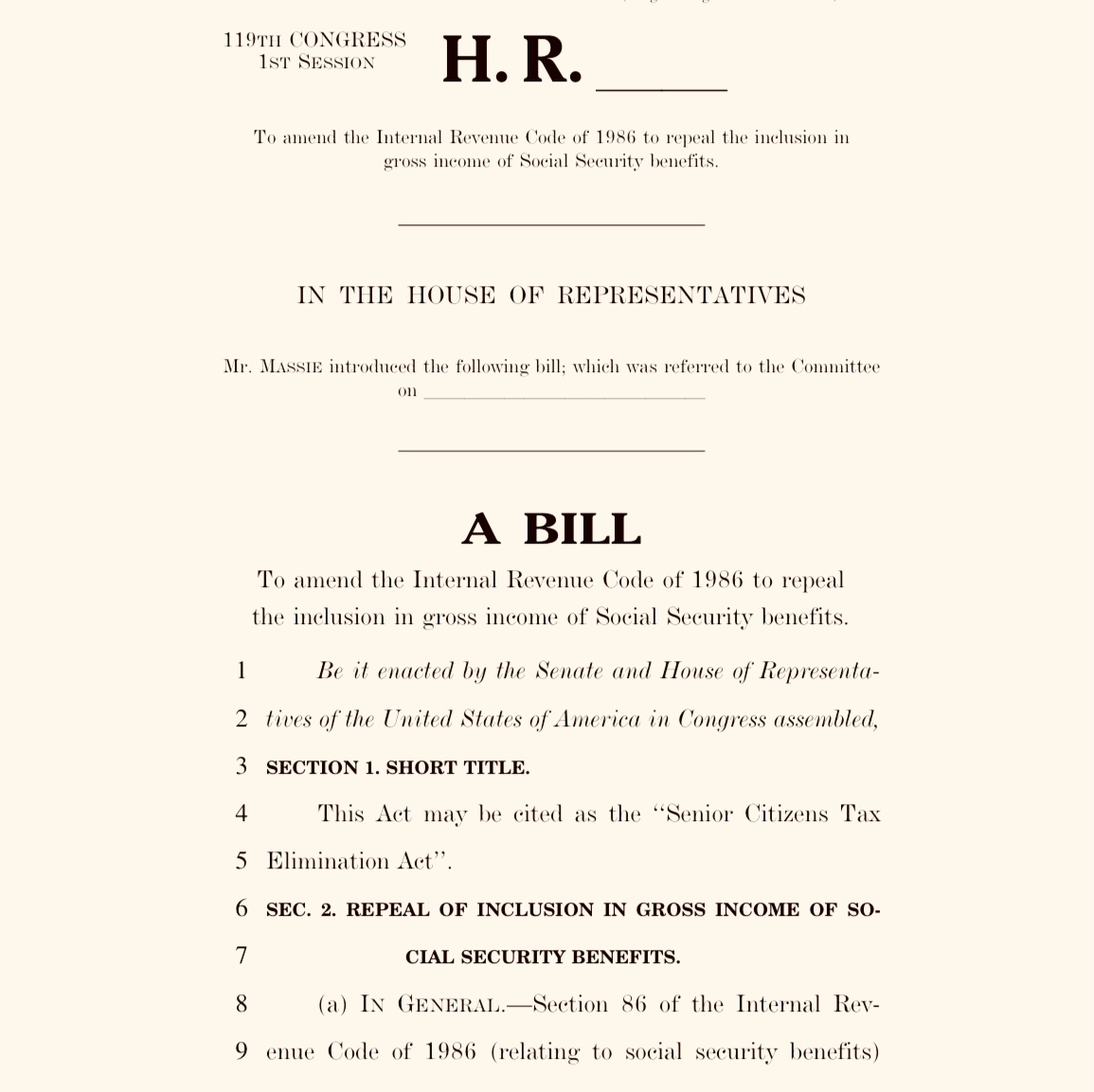 RepThomasMassie's tweet image. I just reintroduced the Senior Citizens Tax Elimination Act, H.R. 1040. This bill assists middle-class seniors by eliminating the unjust double-tax on Social Security benefits.