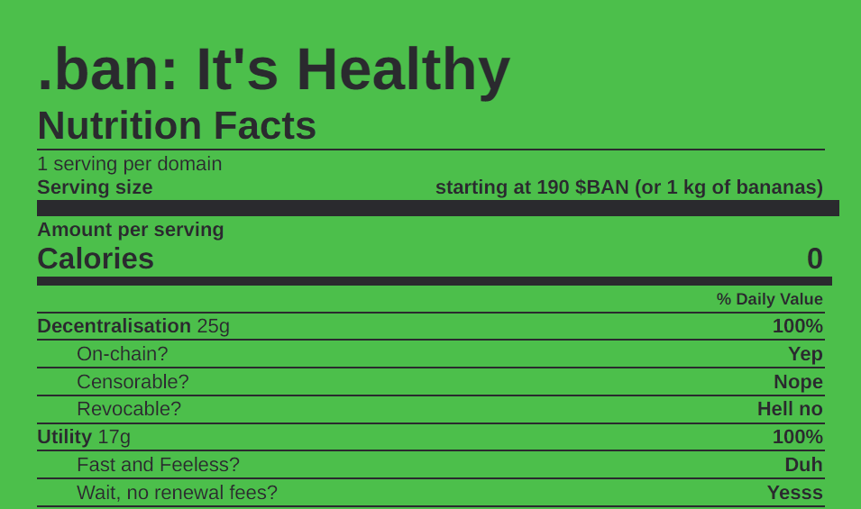 .ban domains are here 🍌👀
Here's all you need to know about .ban domains on the decentralised, on-chain $BANANO Name System (BNS). Did you get yours yet?
banano.cc/blog/introduci…