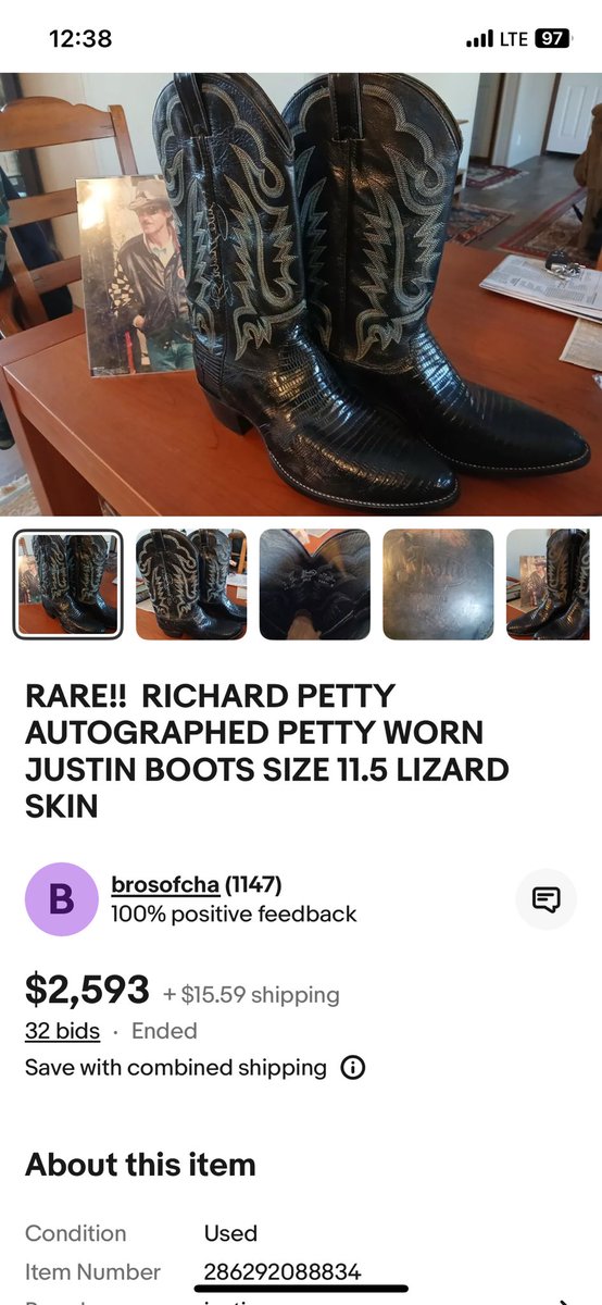 A pair of Richard Petty’s 1988 Style 8313 Justin Boots sold this afternoon for over $2,500 on EBay. This is approx. $1,000 more than the last known pair of The King’s Boots sold at Juliens Auctions. 🏁