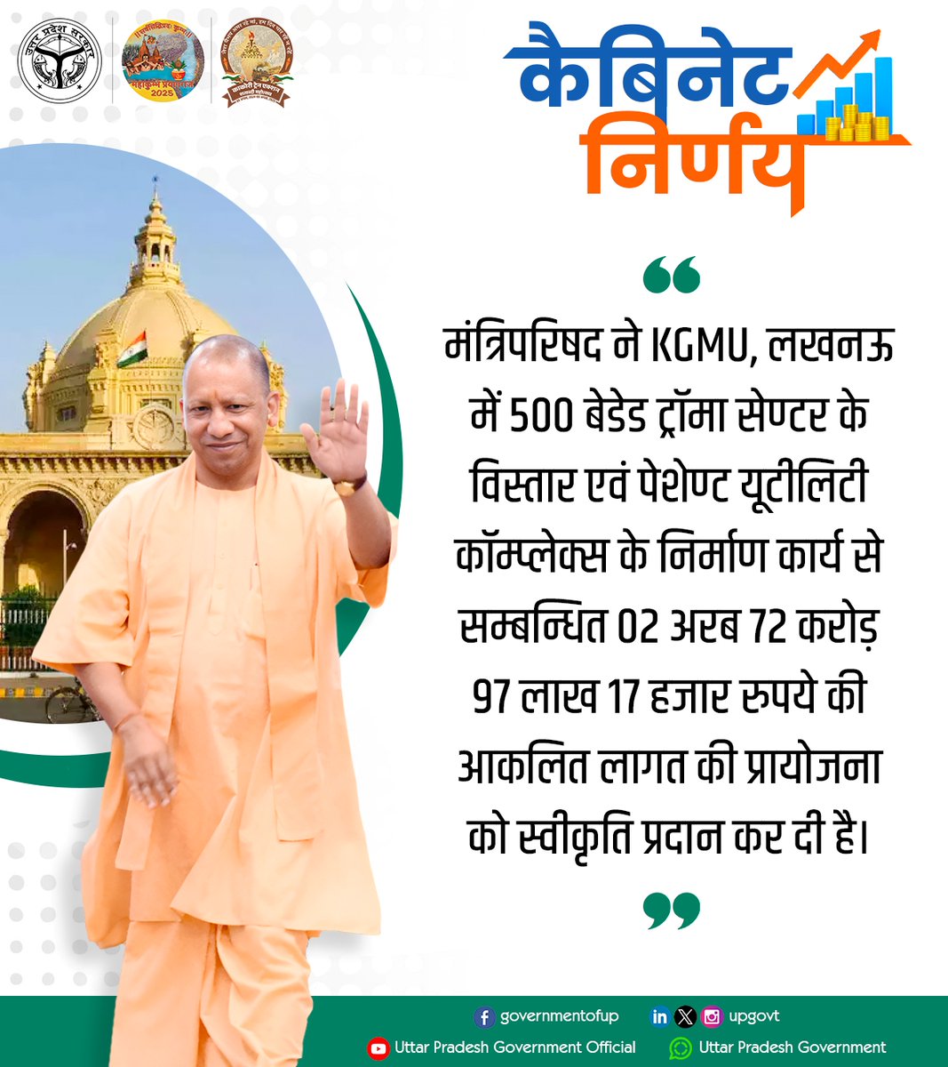 Government of UP (@upgovt) on Twitter photo рдордВрддреНрд░рд┐рдкрд░рд┐рд╖рдж рдиреЗ KGMU, рд▓рдЦрдирдК рдореЗрдВ 500 рдмреЗрдбреЗрдб рдЯреНрд░реЙрдорд╛ рд╕реЗрдгреНрдЯрд░ рдХреЗ рд╡рд┐рд╕реНрддрд╛рд░ рдПрд╡рдВ рдкреЗрд╢реЗрдгреНрдЯ рдпреВрдЯреАрд▓рд┐рдЯреА рдХреЙрдореНрдкреНрд▓реЗрдХреНрд╕ рдХреЗ рдирд┐рд░реНрдорд╛рдг рдХрд╛рд░реНрдп рд╕реЗ рд╕рдореНрдмрдиреНрдзрд┐рдд 02 рдЕрд░рдм 72 рдХрд░реЛрдбрд╝ 97 рд▓рд╛рдЦ 17 рд╣рдЬрд╛рд░ рд░реБрдкрдпреЗ рдХреА рдЖрдХрд▓рд┐рдд рд▓рд╛рдЧрдд рдХреА рдкреНрд░рд╛рдпреЛрдЬрдирд╛ рдХреЛ рд╕реНрд╡реАрдХреГрддрд┐ рдкреНрд░рджрд╛рди рдХрд░ рджреА рд╣реИред
рдЗрд╕ рдХреЙрдореНрдкреНрд▓реЗрдХреНрд╕ рдХреЗ рдирд┐рд░реНрдорд╛рдг рд╕реЗ рдПрдХ рд╣реА рдЫрдд рдХреЗ рдиреАрдЪреЗ рдХрд┐рд╕реА рднреА рдордВрддреНрд░рд┐рдкрд░рд┐рд╖рдж рдиреЗ KGMU, рд▓рдЦрдирдК рдореЗрдВ 500 рдмреЗрдбреЗрдб рдЯреНрд░реЙрдорд╛ рд╕реЗрдгреНрдЯрд░ рдХреЗ рд╡рд┐рд╕реНрддрд╛рд░ рдПрд╡рдВ рдкреЗрд╢реЗрдгреНрдЯ рдпреВрдЯреАрд▓рд┐рдЯреА рдХреЙрдореНрдкреНрд▓реЗрдХреНрд╕ рдХреЗ рдирд┐рд░реНрдорд╛рдг рдХрд╛рд░реНрдп рд╕реЗ рд╕рдореНрдмрдиреНрдзрд┐рдд 02 рдЕрд░рдм 72 рдХрд░реЛрдбрд╝ 97 рд▓рд╛рдЦ 17 рд╣рдЬрд╛рд░ рд░реБрдкрдпреЗ рдХреА рдЖрдХрд▓рд┐рдд рд▓рд╛рдЧрдд рдХреА рдкреНрд░рд╛рдпреЛрдЬрдирд╛ рдХреЛ рд╕реНрд╡реАрдХреГрддрд┐ рдкреНрд░рджрд╛рди рдХрд░ рджреА рд╣реИред
рдЗрд╕ рдХреЙрдореНрдкреНрд▓реЗрдХреНрд╕ рдХреЗ рдирд┐рд░реНрдорд╛рдг рд╕реЗ рдПрдХ рд╣реА рдЫрдд рдХреЗ рдиреАрдЪреЗ рдХрд┐рд╕реА рднреА