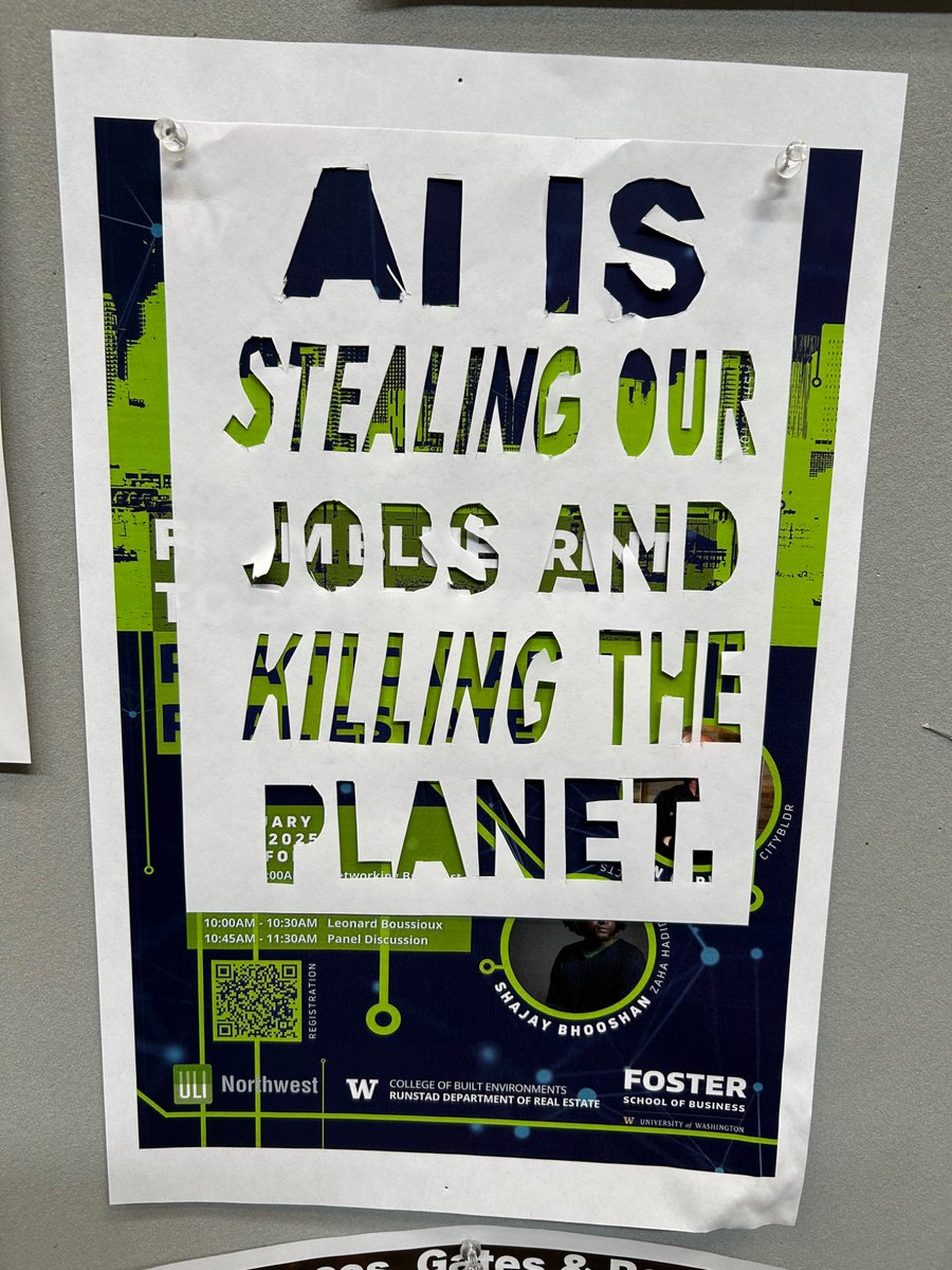 ithke79's tweet image. Solid intervention on AI event flyer, Gould Hall.