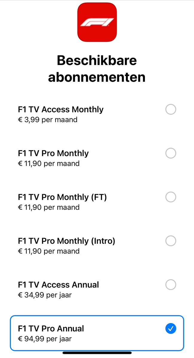 Dag <a href="/viaplaysportnl/">Viaplay Sport Nederland</a>, €12,79 p/m voor zandlopers gaan ik niet meer doen, laat staan een verhoging naar €20,- p/m.

Nu via de Apple Appstore voor €95,- per jaar (nog geen €8,- p/m) F1TVPro (zie link). gathering.tweakers.net/forum/list_mes…

#Viaplay #verstappen #formule1 #Formula1