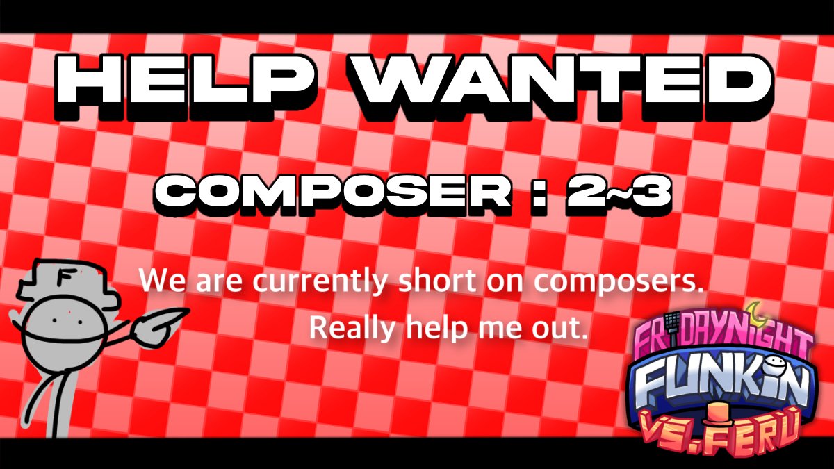 FerusFunk's tweet image. #FNF #fridaynightfunkin 
Oi guys, help me out here.
There are currently not enough mod members!
Recruiting two or more composers.
If you're interested in participating, post your own past work in the replies.
I REALLY NEED YOUR HELP.
