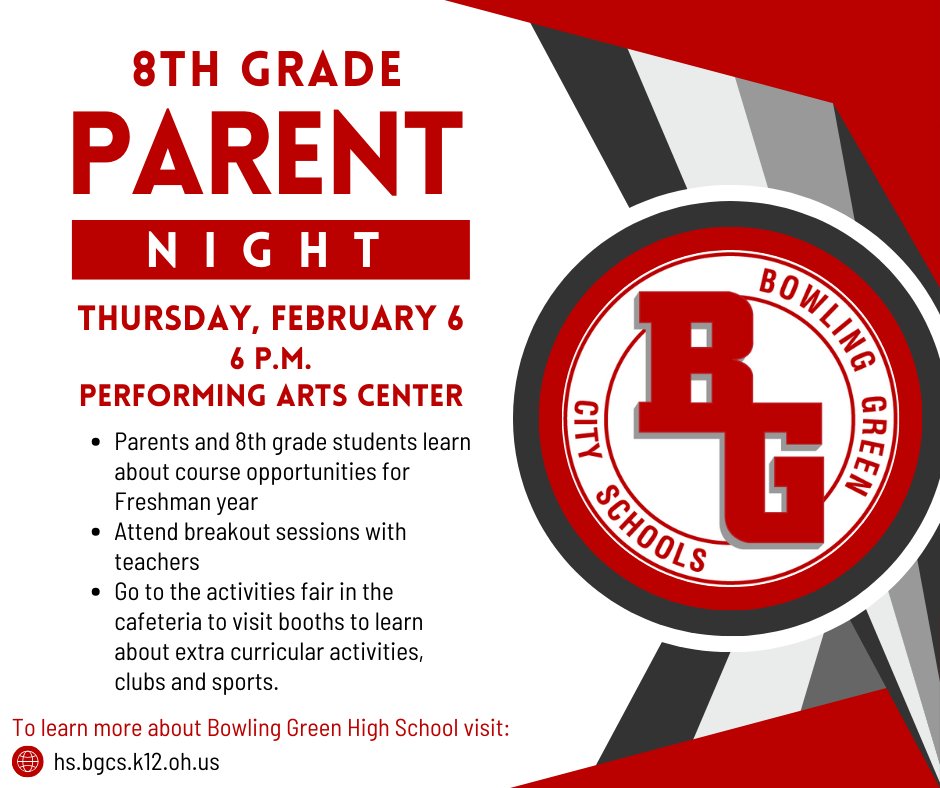 The BGHS 8th Grade Parent Night is still on for tonight! We look forward to seeing parents &amp; 8th grade students at 6 p.m. in the PAC! Get course info,  go to breakout sessions w/ teachers, &amp; an activities fair to explore BGHS extracurricular activities, clubs, and sports!