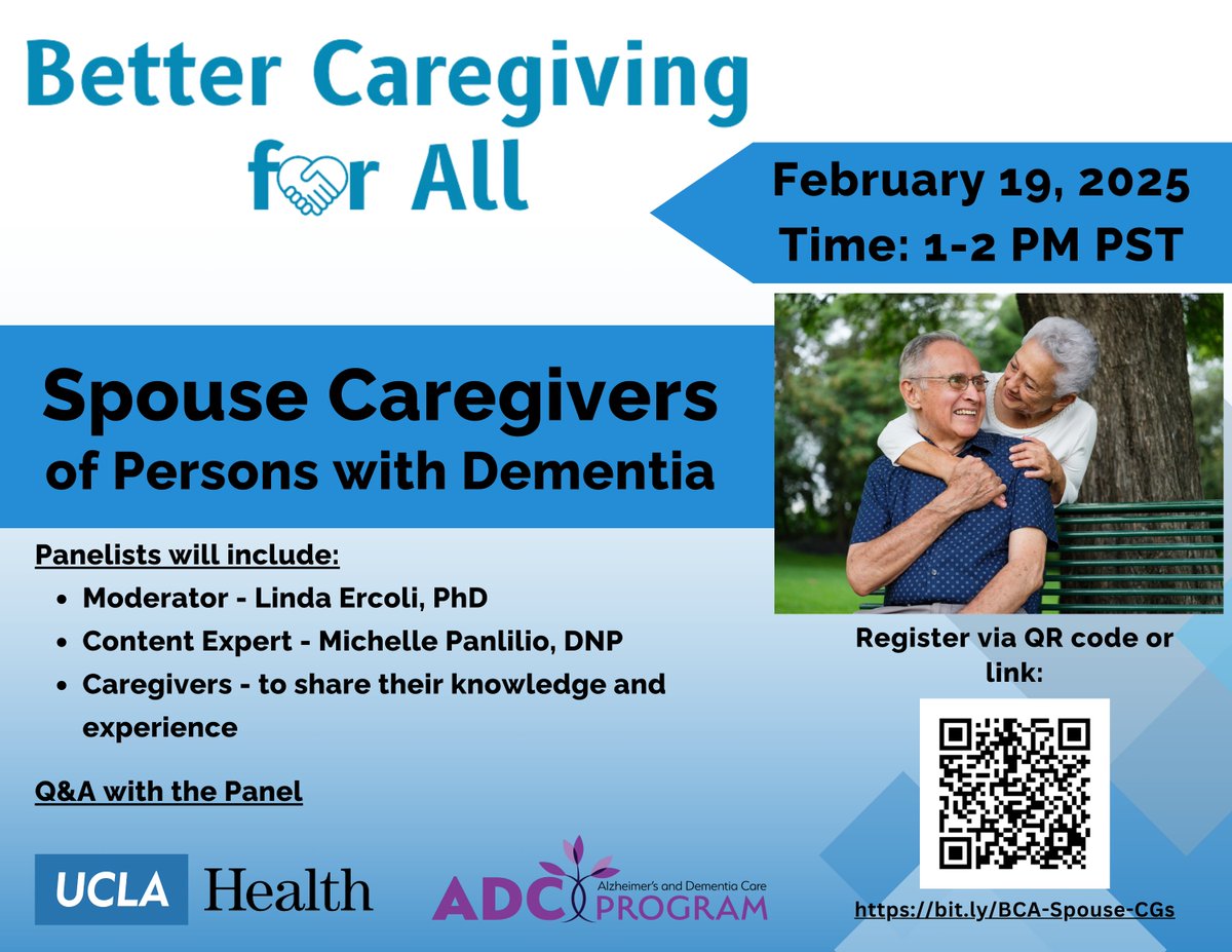Please join us in 2 weeks for the Better Caregiving for All webinar. We will speak to Spouse Caregivers of PLWD to share their knowledge and experiences.

Registration: bit.ly/BCA-Spouse-CGs